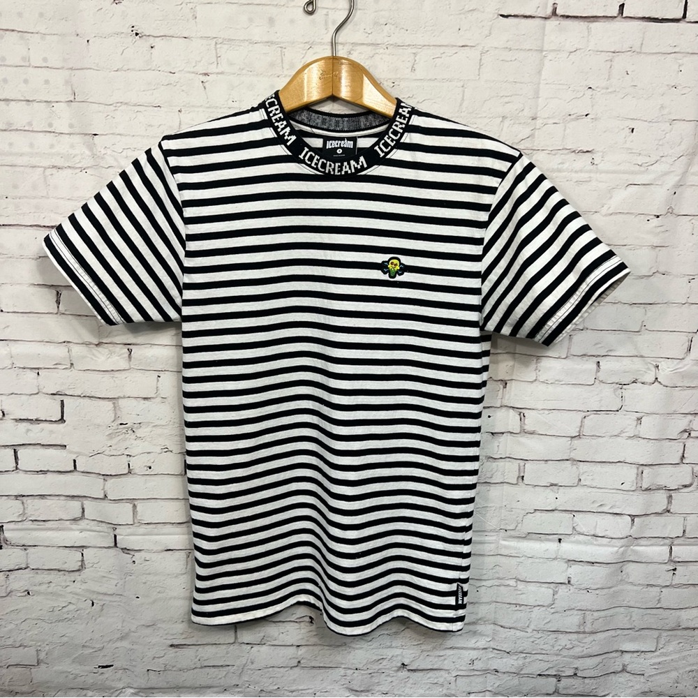 Ice Cream Y2K Black White Stripe Tee Shirt Size Small Unisex Ringer